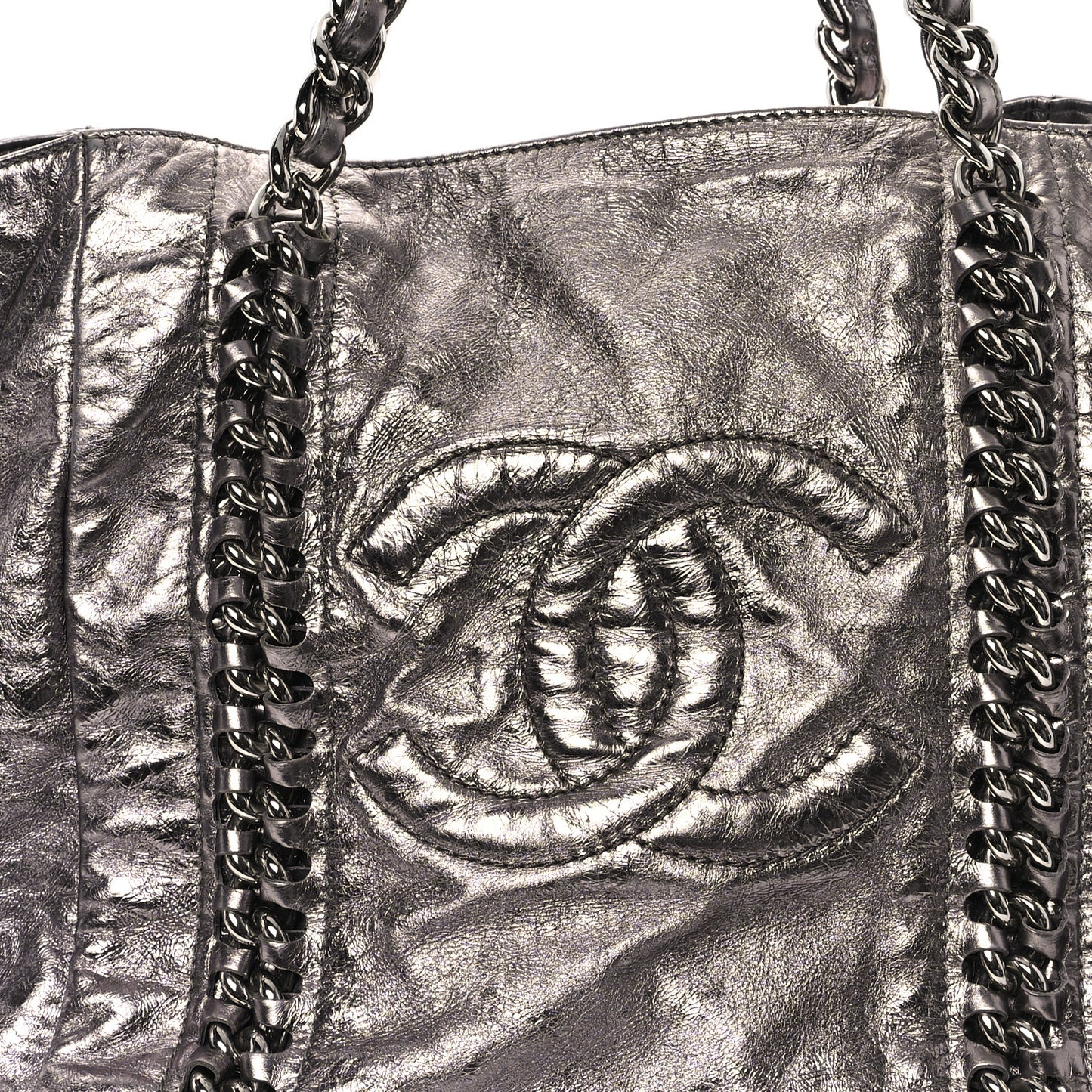 Metallic Cracked Calfskin Modern Chain Tote Dark Silver