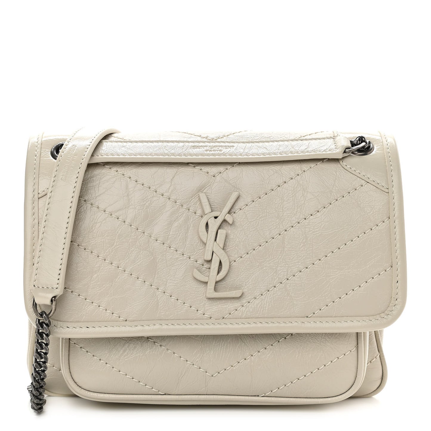 Crinkled Calfskin Matelasse Monogram Baby Niki Chain Satchel Ivory
