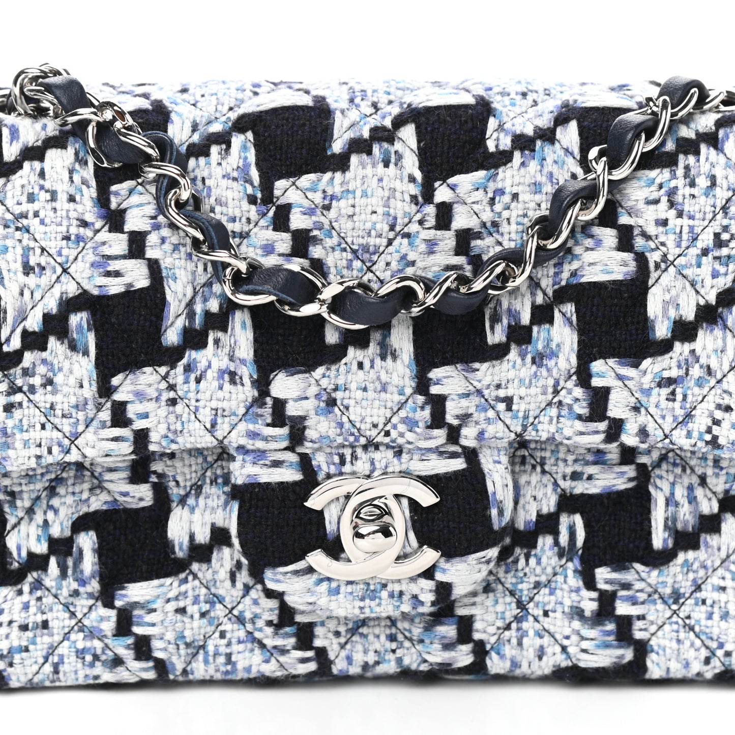 Tweed Quilted Mini Rectangular Flap Black White Light Blue
