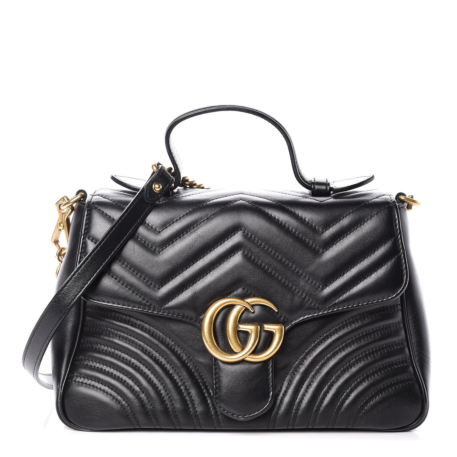 Gucci Calfskin Matelasse Small GG Marmont Top Handle Shoulder Bag Black 1 of 17