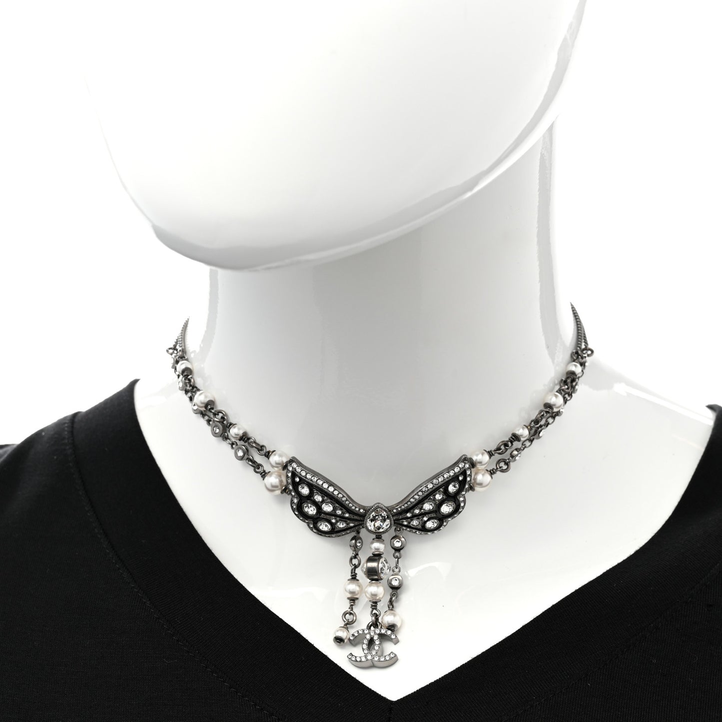 Crystal Pearl Enamel CC Butterfly Choker Necklace Silver