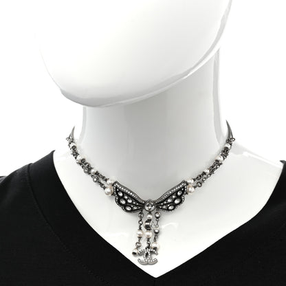 Chanel Crystal Pearl Enamel CC Butterfly Choker Necklace Silver 2 of 6