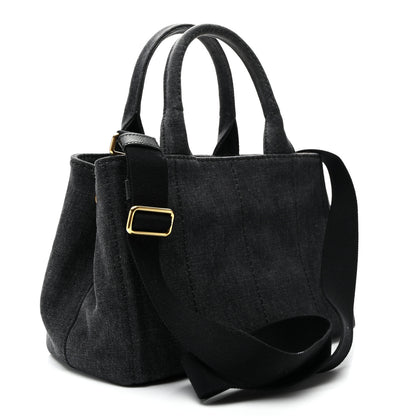 Prada Denim Canapa Small Logo Tote Black 3 of 9