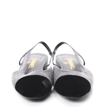 Chanel Wool Velvet Cap Toe CC Slingback Pumps 36.5 Black Grey 2 of 7