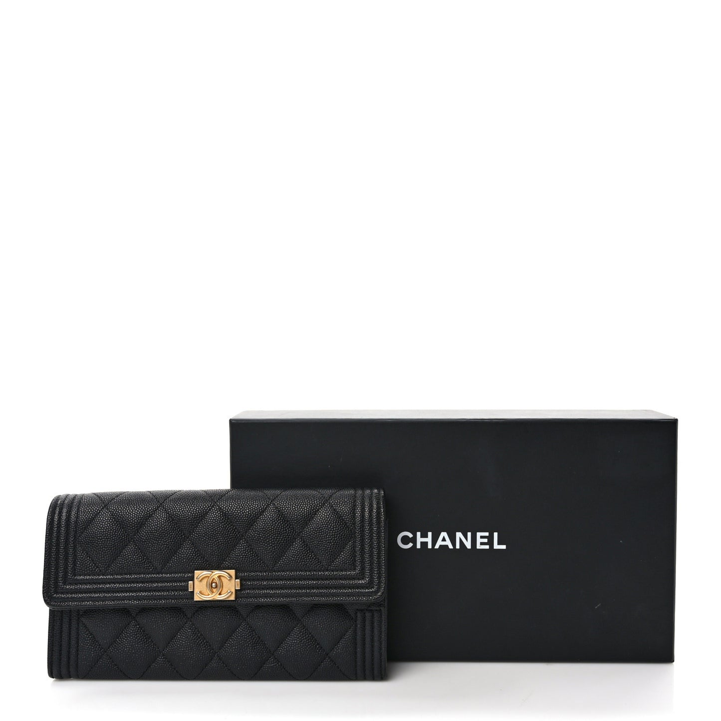 Caviar Quilted Large Boy Gusset Flap Wallet Black
