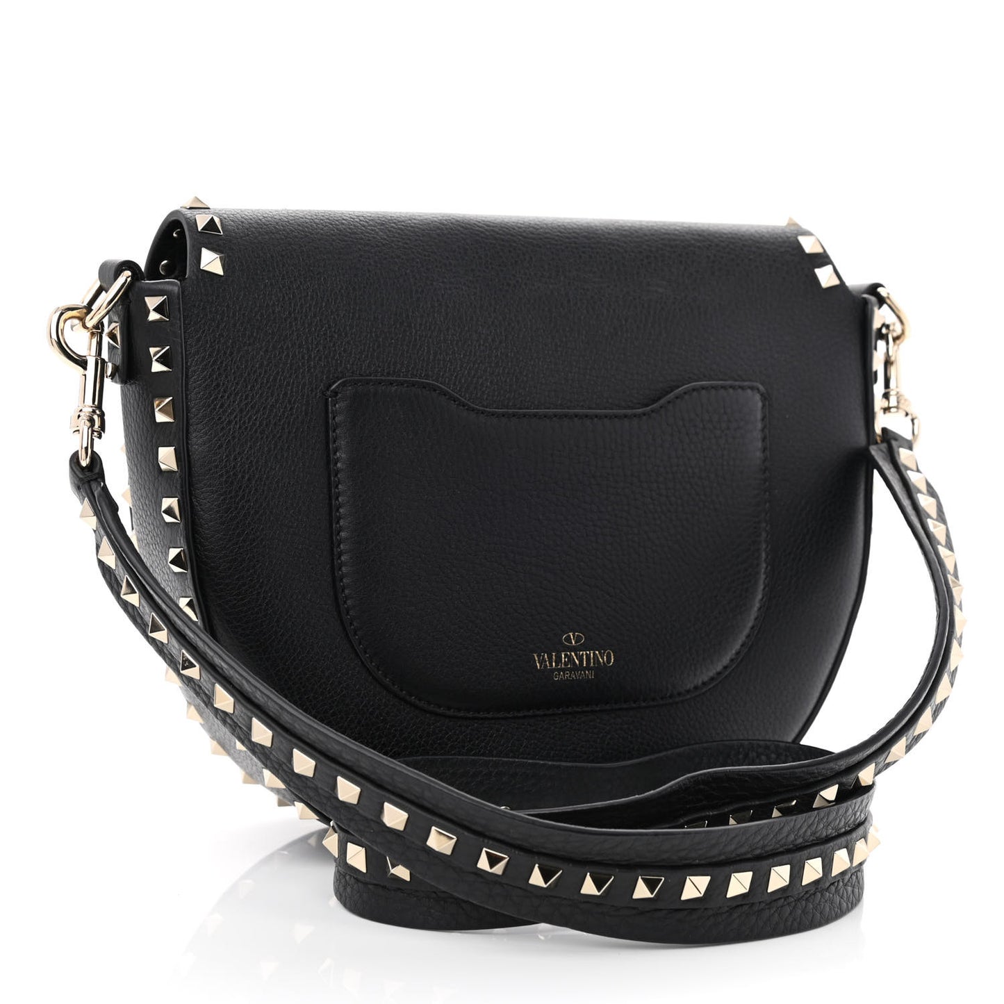 Grained Calfskin Rockstud Saddle Bag Black