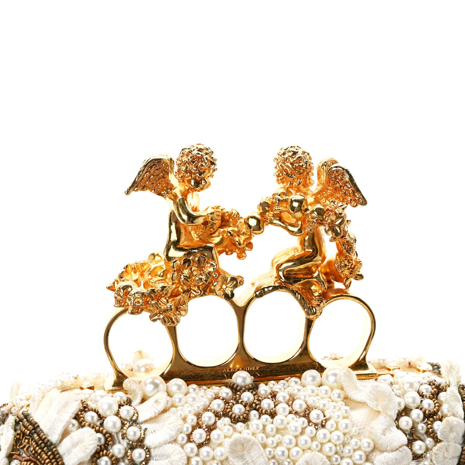 Alexander McQueen Embroidered Pearl Angel Knuckle Box Clutch Ivory Gold 12 of 15