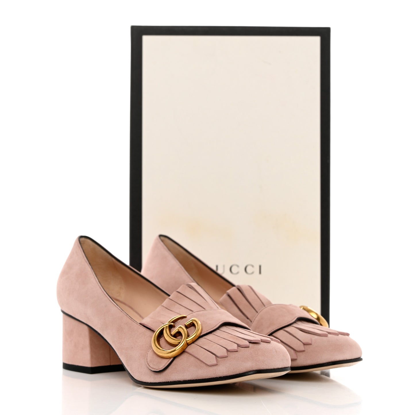 Kid Scamosciato GG Marmont Fringe 50mm Loafer Pumps 36.5 Crystal Pink