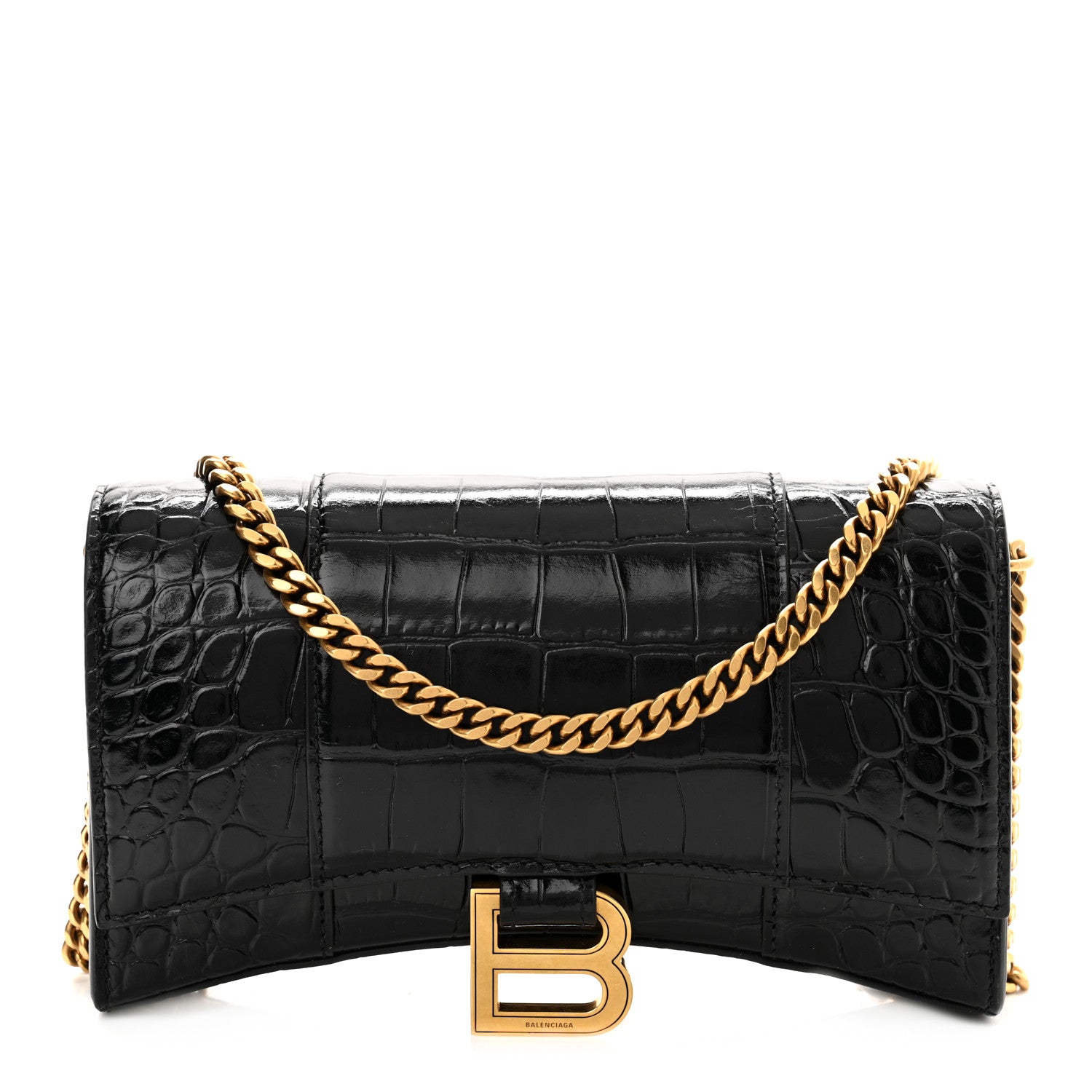 Balenciaga Shiny Calfskin Crocodile Embossed Hourglass Chain Bag Black 1 of 8
