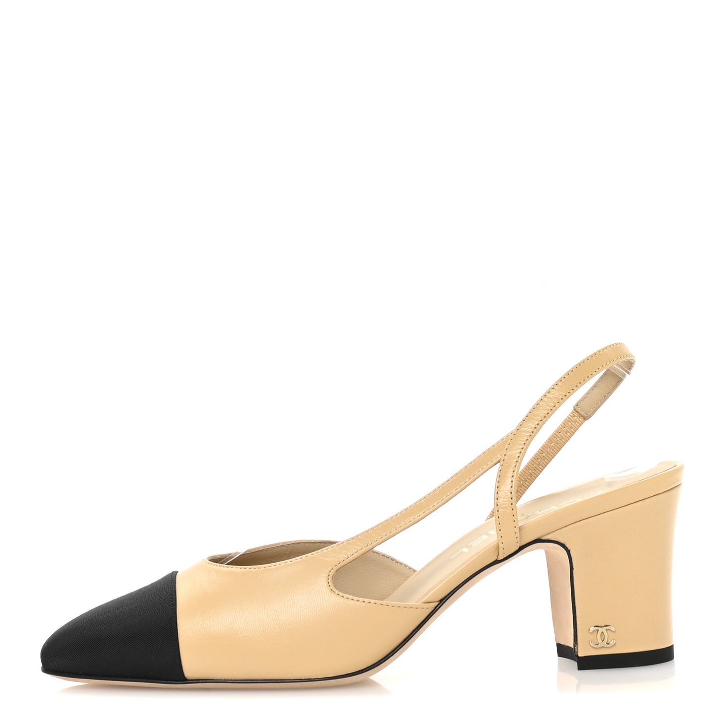 Goatskin Grosgrain Cap Toe CC Slingback Pumps 39 Beige Black