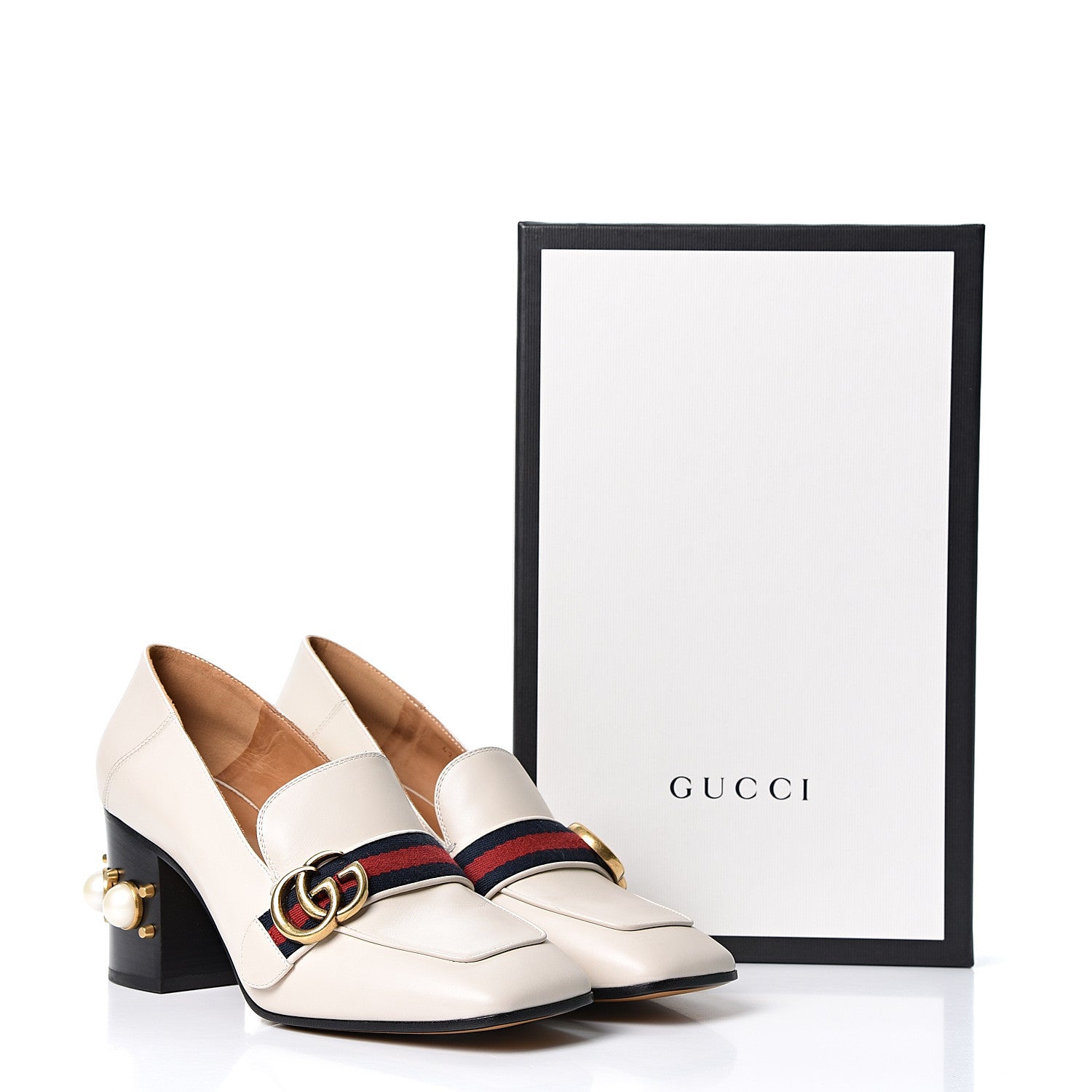 Gucci Betis Glamour Calfskin Web Pearl Embellished Peyton 75mm Loafer Pumps 39 Mystic White 10 of 10