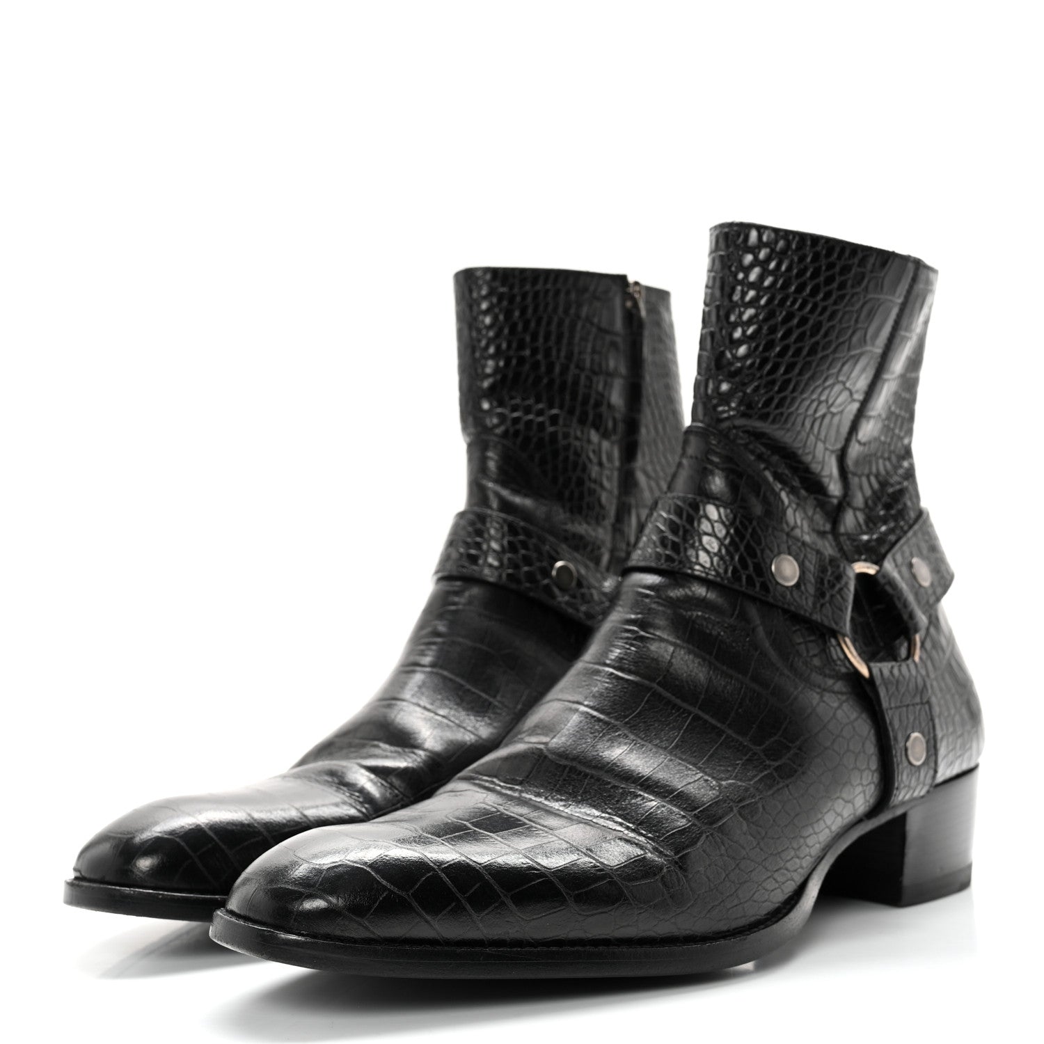 Saint Laurent Calfskin Crocodile Embossed Mens Wyatt Harness Boots