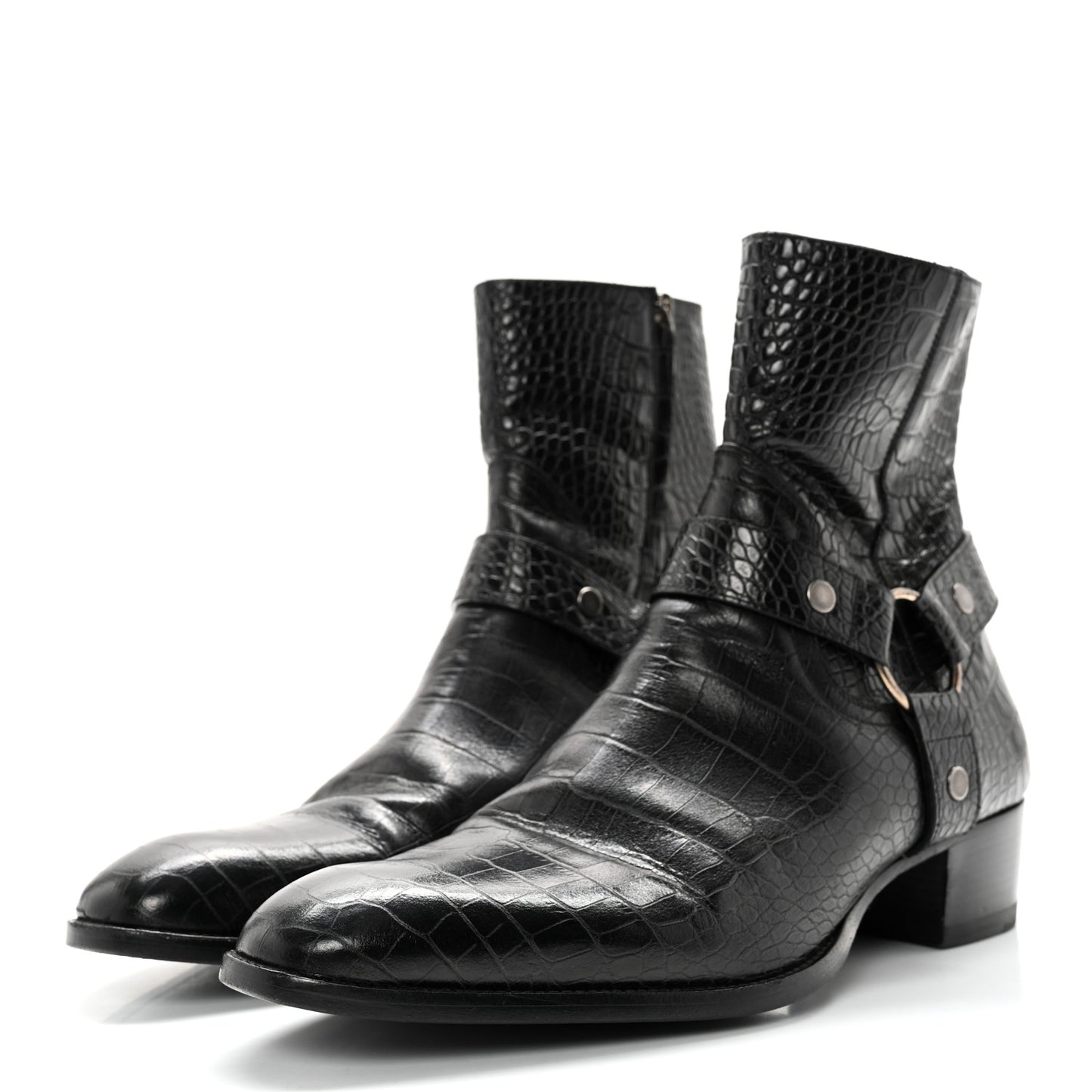 Calfskin Crocodile Embossed Mens Wyatt Harness Boots 44 Black