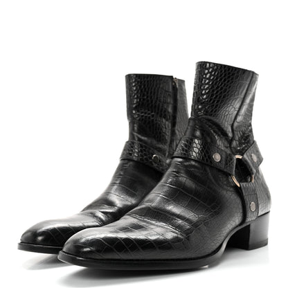 Saint Laurent Calfskin Crocodile Embossed Mens Wyatt Harness Boots 44 Black 3 of 11