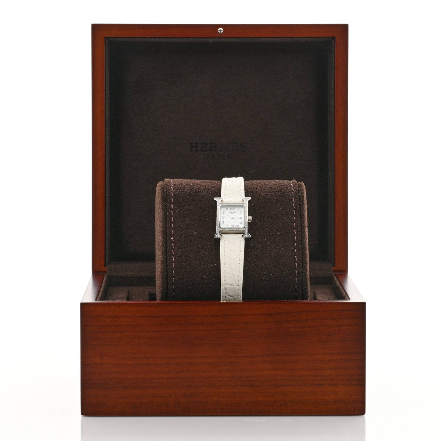 Stainless Steel Alligator Diamond Bezel Mother of Pearl 17.2mm Heure H Hour Quartz Watch Blanc