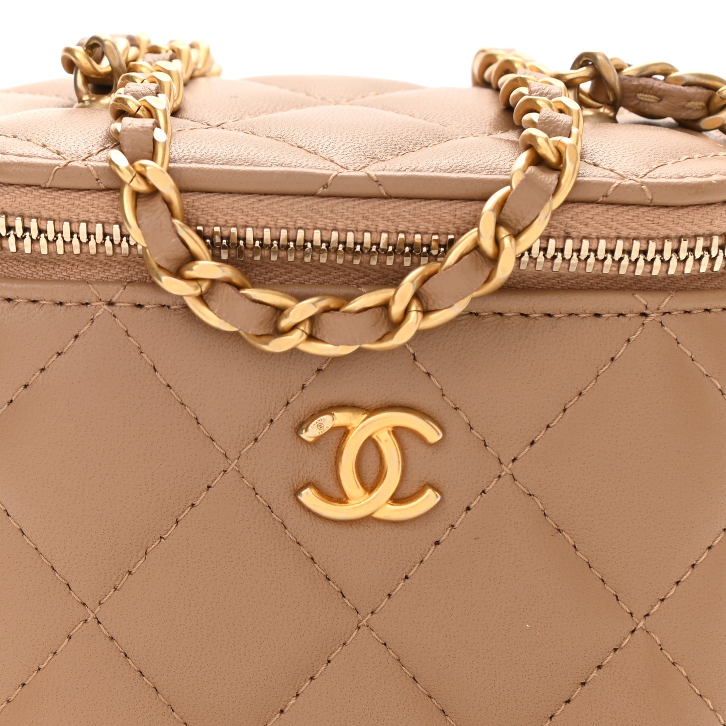 Lambskin Quilted Pearl Crush Mini Vanity Case With Chain Beige