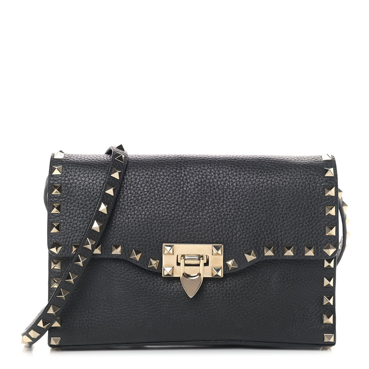 Pebbled Calfskin Medium Rockstud Flip Lock Crossbody Bag Black