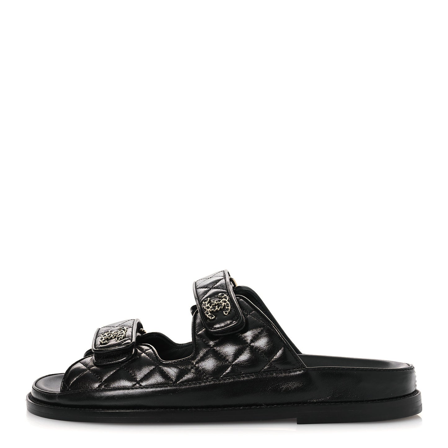 Lambskin Quilted Velcro Dad Chain CC Slide Sandals 38.5 Black