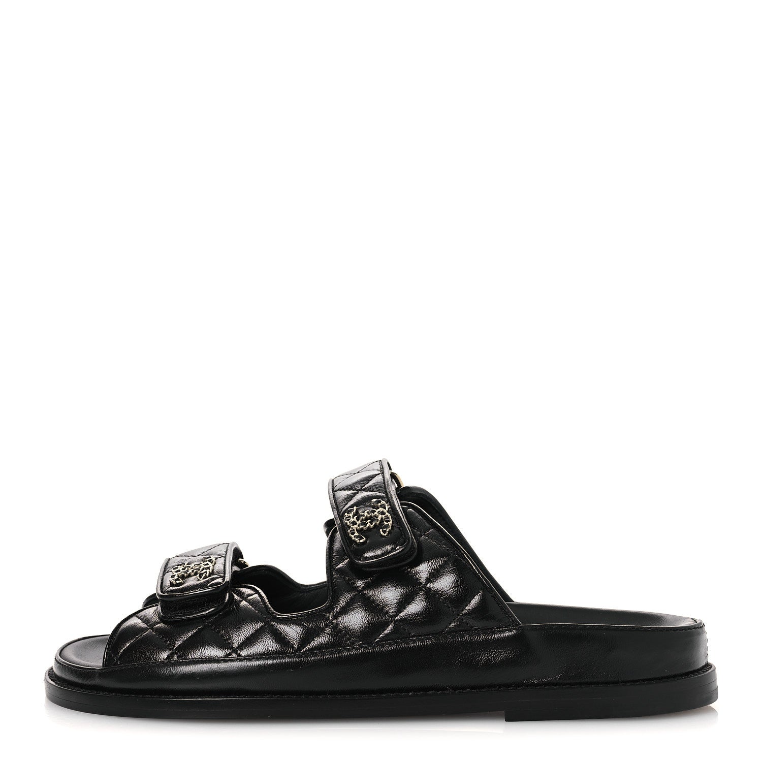 Chanel Lambskin Quilted Velcro Dad Chain CC Slide Sandals 38.5 Black 1 of 12
