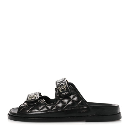 Chanel Lambskin Quilted Velcro Dad Chain CC Slide Sandals 38.5 Black 1 of 12