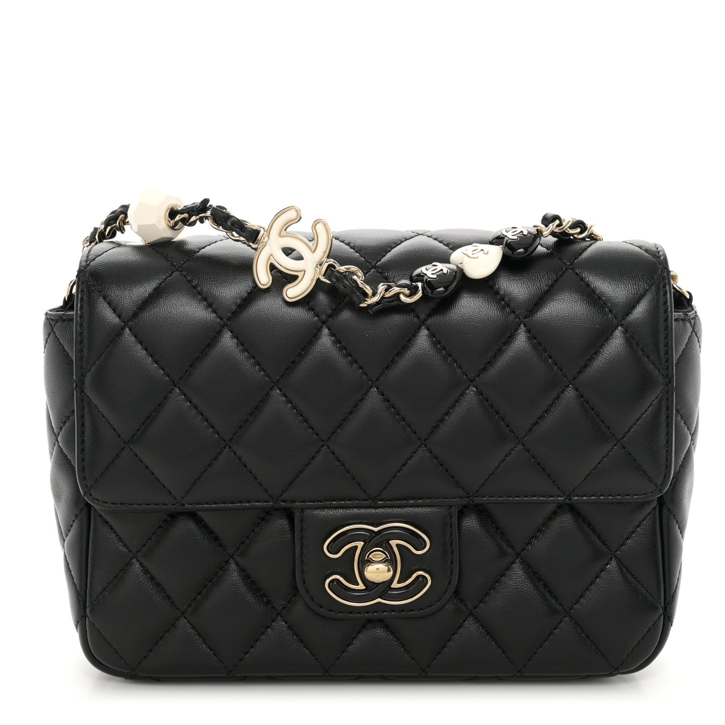 Lambskin Resin Quilted Mini Heart Square Flap Black
