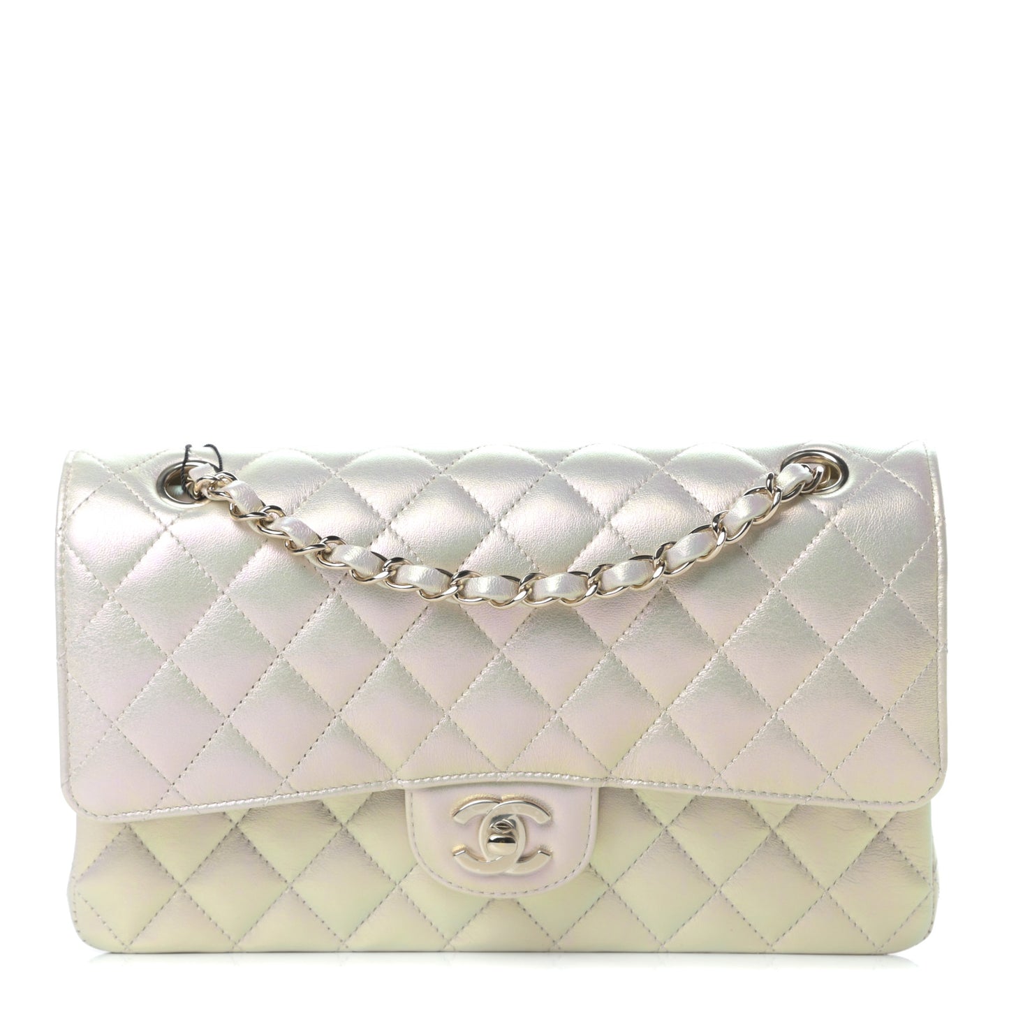 Iridescent Lambskin Quilted Medium Double Flap Ivory