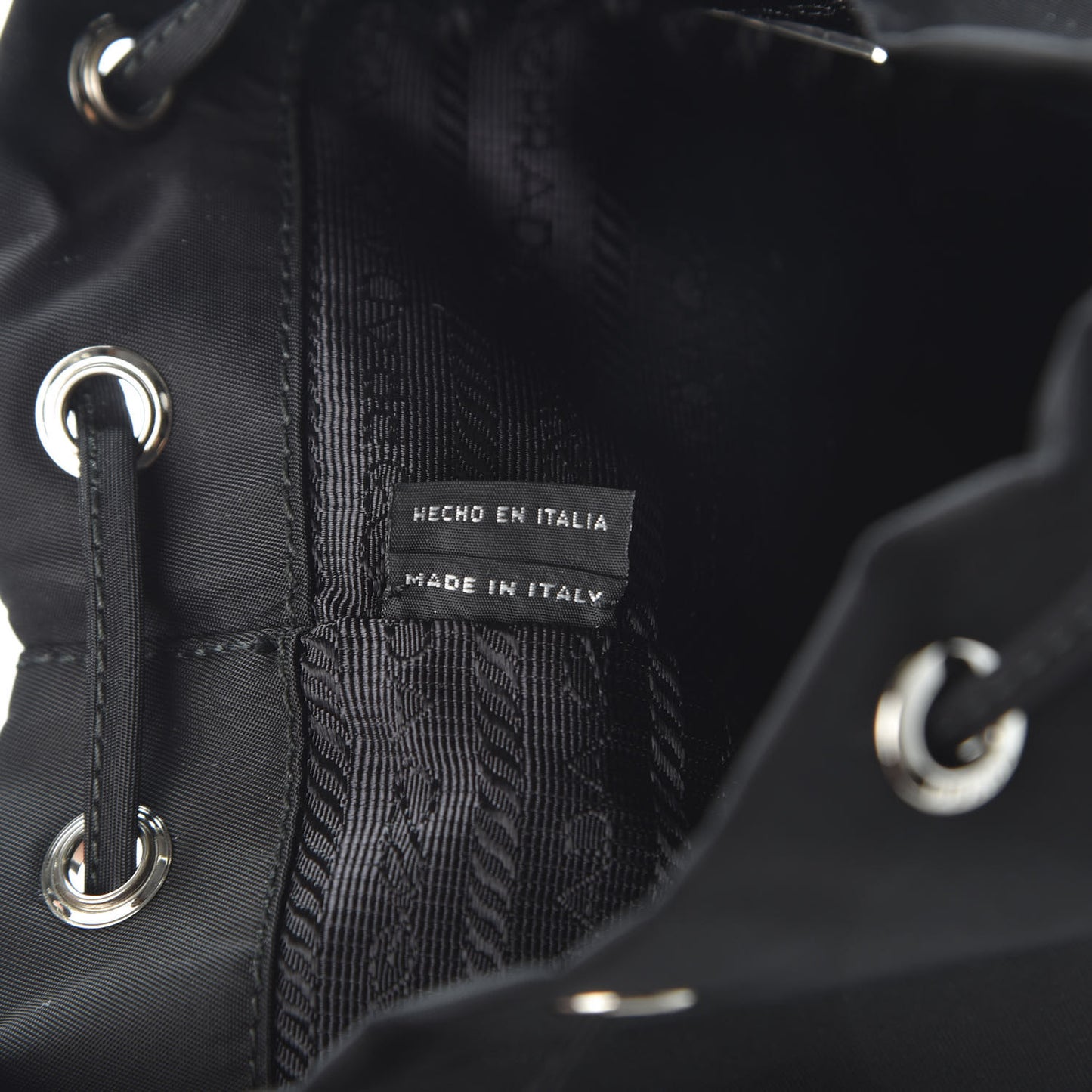 Saffiano Tessuto Nylon Vela Lettering Bucket Wristlet Black