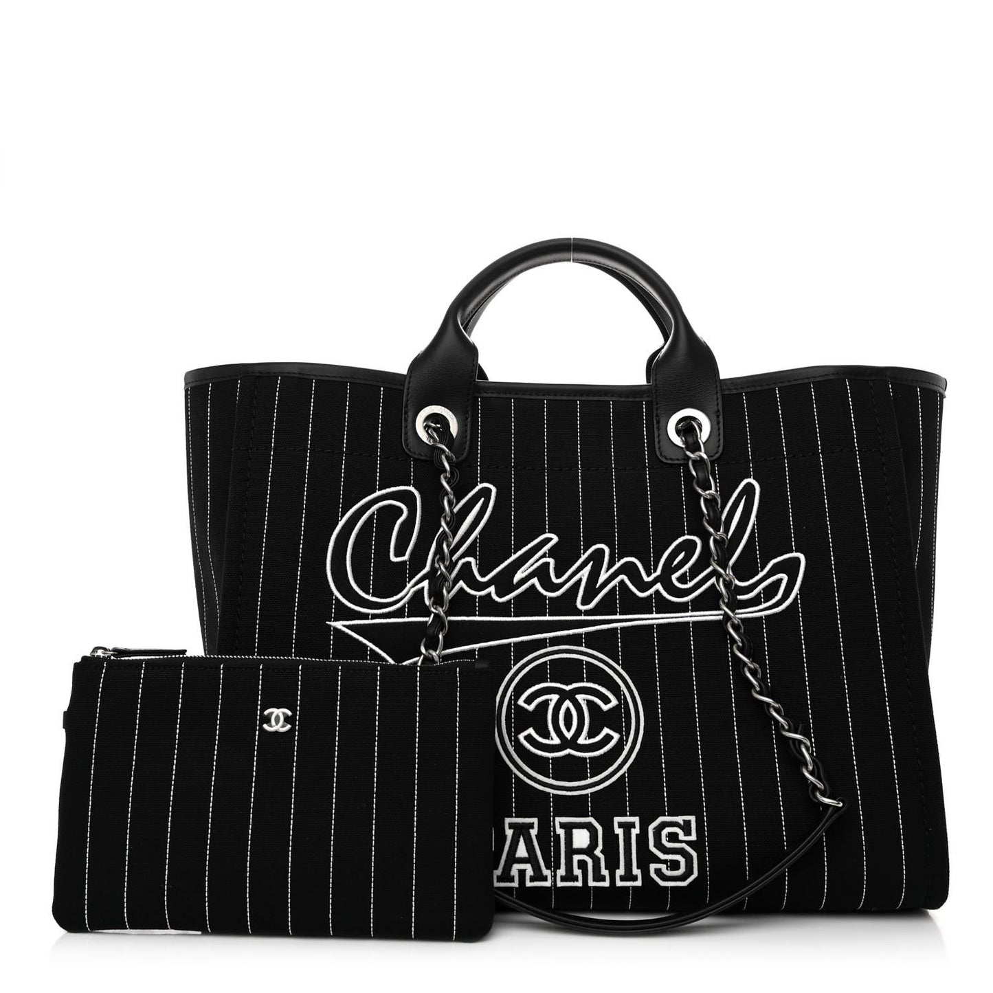 Canvas Calfskin Striped Medium Deauville Tote Black White