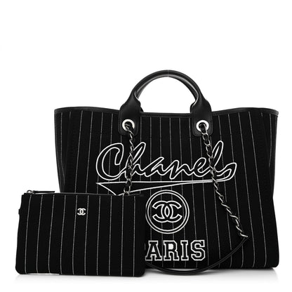 Chanel Canvas Calfskin Striped Medium Deauville Tote Black White 1 of 12