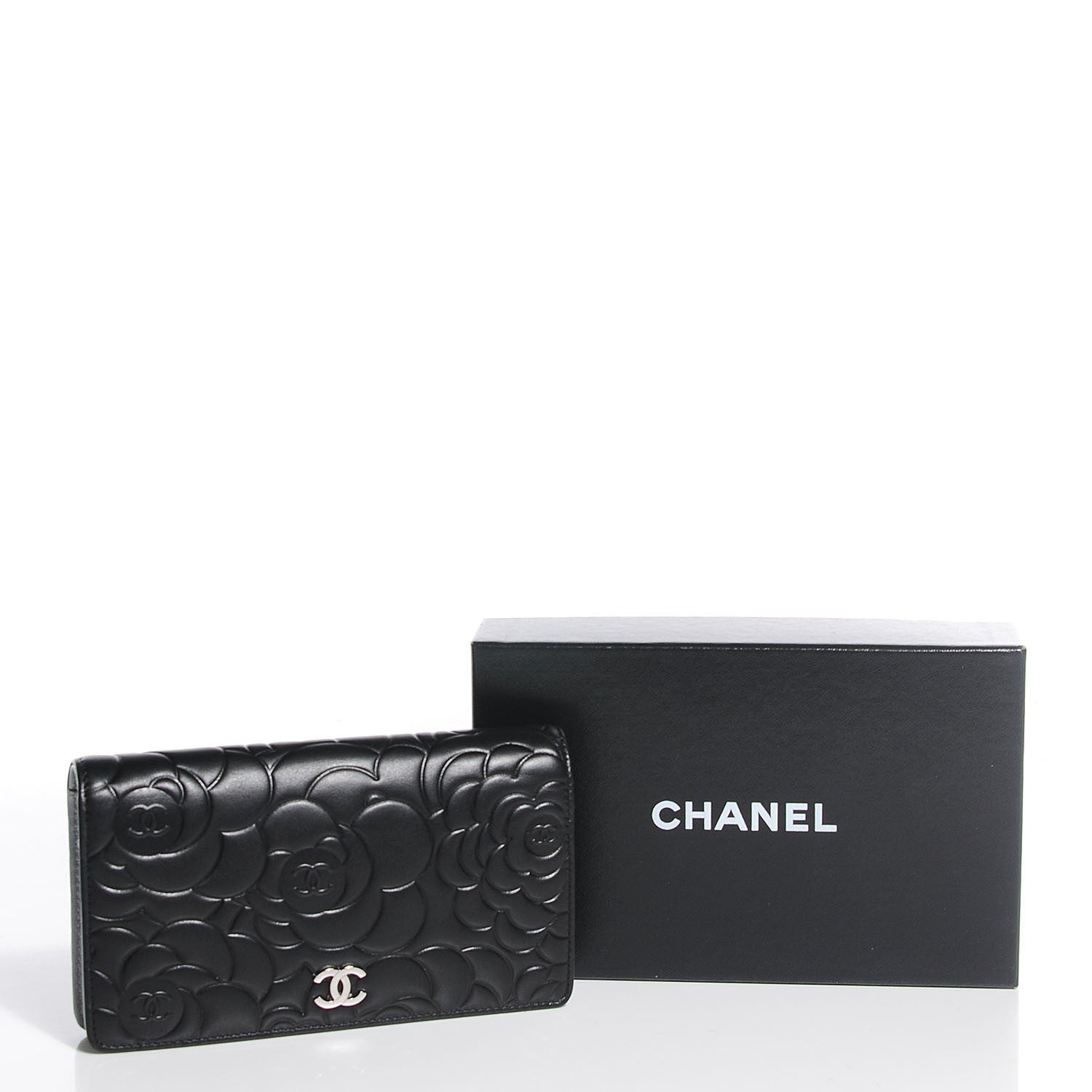 Chanel Lambskin Camellia Embossed Yen Wallet Black 9 of 9