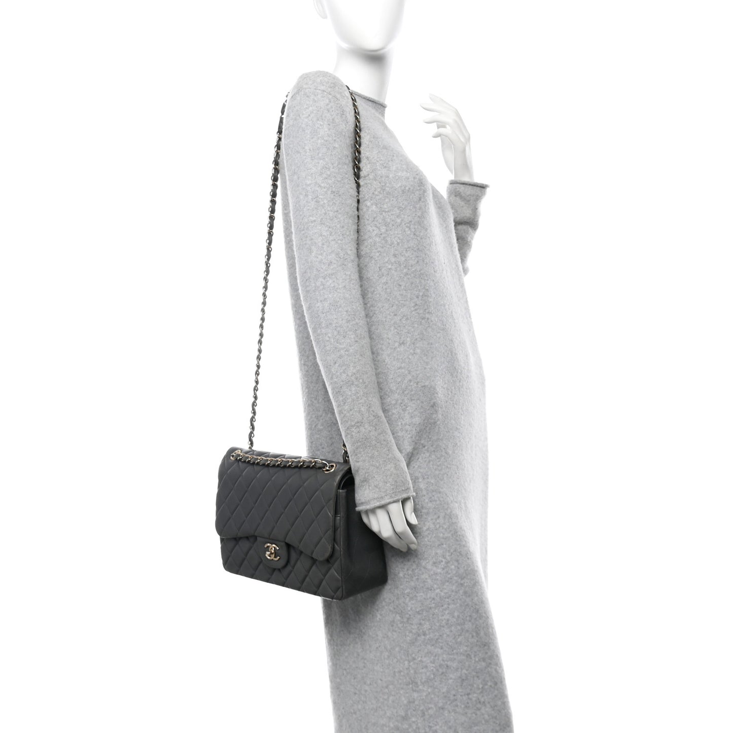 Lambskin Quilted Jumbo Double Flap Dark Grey