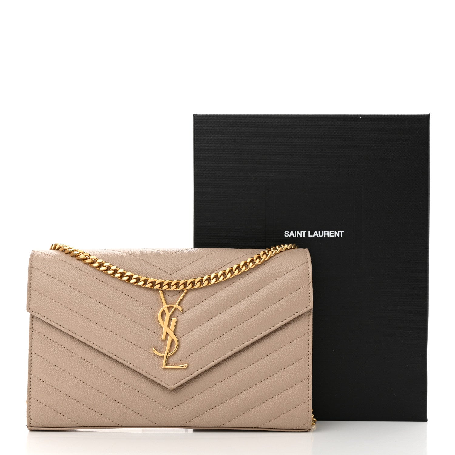 Saint Laurent Grain De Poudre Matelasse Chevron Monogram Chain Wallet Dark Beige 10 of 10