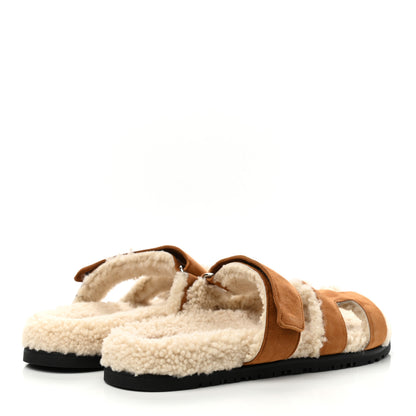 Hermes Suede Goatskin Woolskin Womens Chypre Sandals 39 Brun Fume Ecru 4 of 8