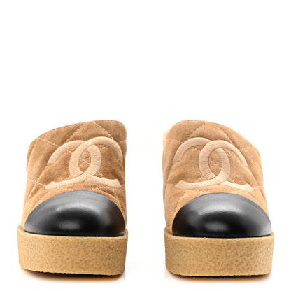 Chanel Suede Calfskin Lambskin Quilted CC Mules 40 Beige Black 3 of 10