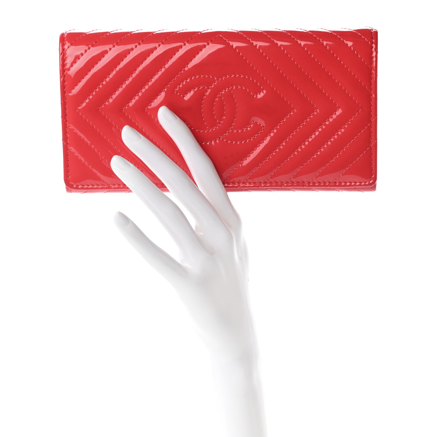 Chanel Patent Chevron Quilted CC Long Flap Wallet Red 2 of 8