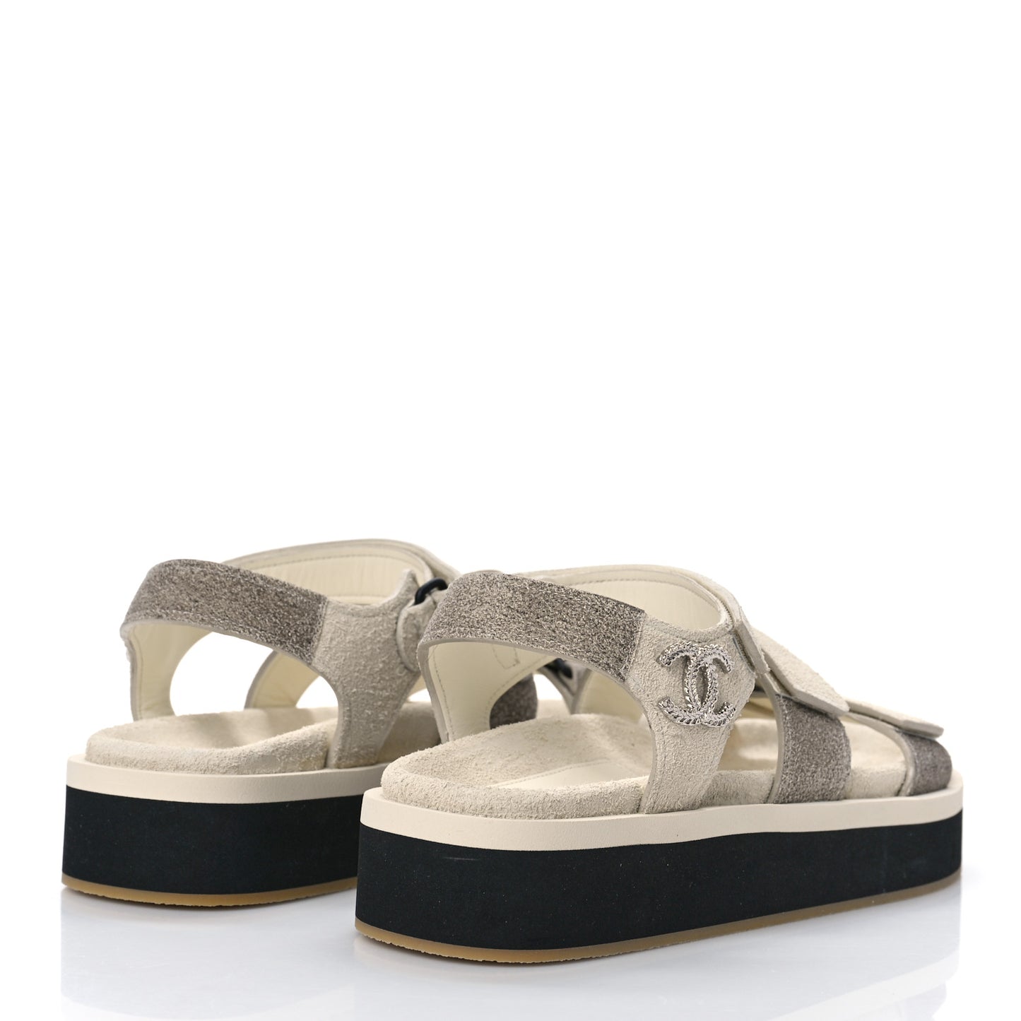 Suede Calfskin Velcro Flat Sandals 37 Ecru Dark Beige