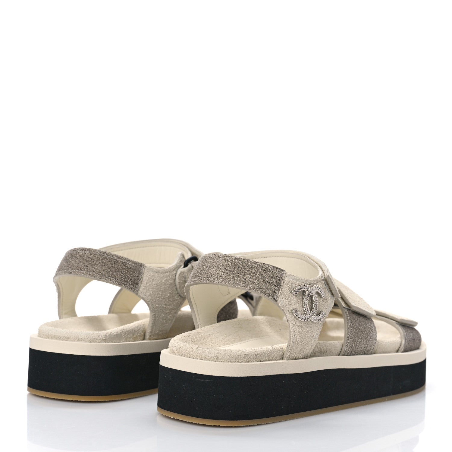 Chanel Suede Calfskin Velcro Flat Sandals 37 Ecru Dark Beige 3 of 8
