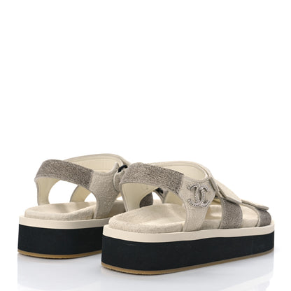 Chanel Suede Calfskin Velcro Flat Sandals 37 Ecru Dark Beige 3 of 8