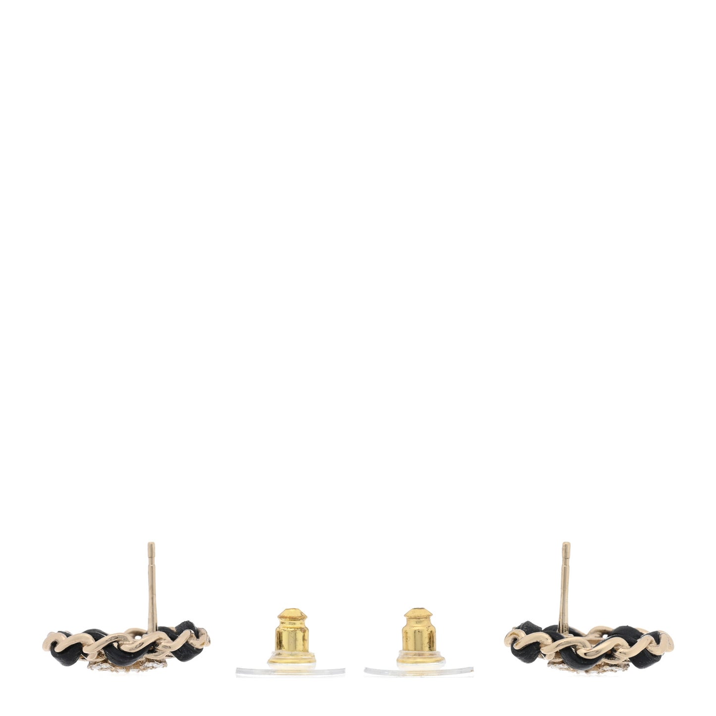 Crystal Lambskin Chain CC Stud Earrings Black Gold