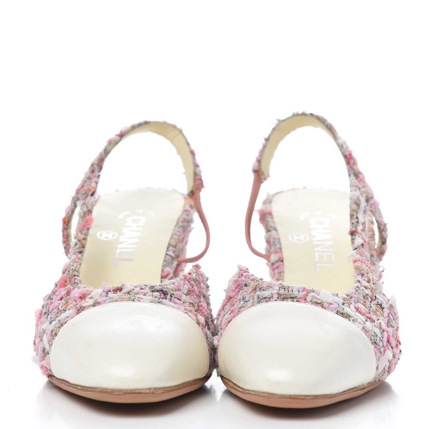 Chanel Tweed Lambskin Cap Toe CC Slingback Pumps 38 Pink White 2 of 16