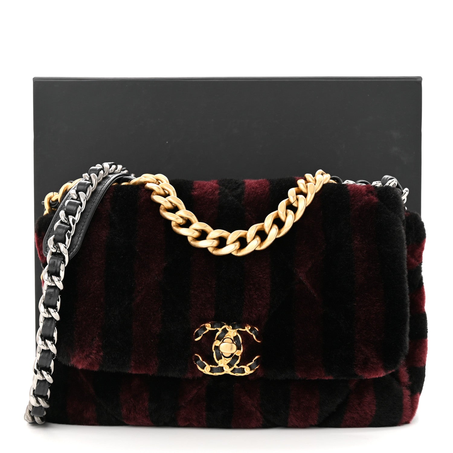 Chanel Shearling Striped Medium Chanel 19 Flap Red Black 11 of 11