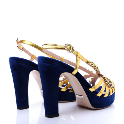 Gucci Velvet Nappa Crystal Zephyra Slingback Platform High Heel Sandals 36.5 Blue Gold 3 of 12