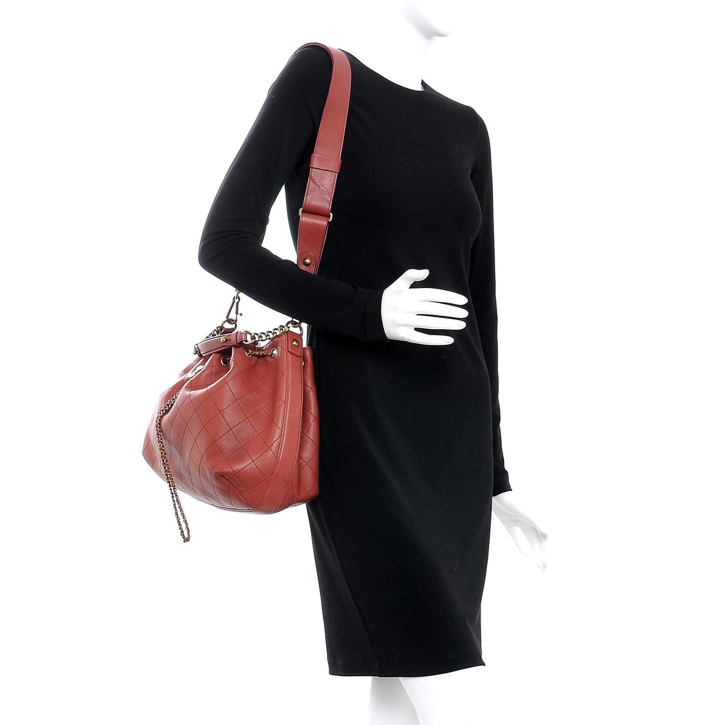 Calfskin Stitched Large Drawstring CC Bag Burgundy