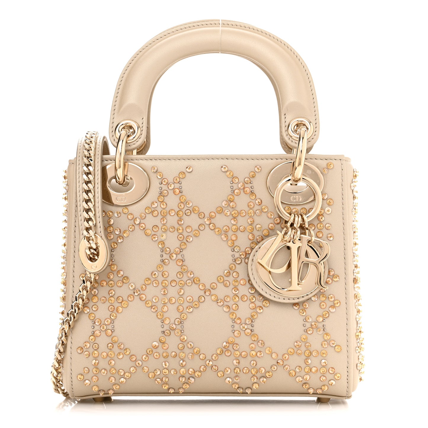Metallic Lambskin Crystal Cannage Mini Lady Dior Platinum