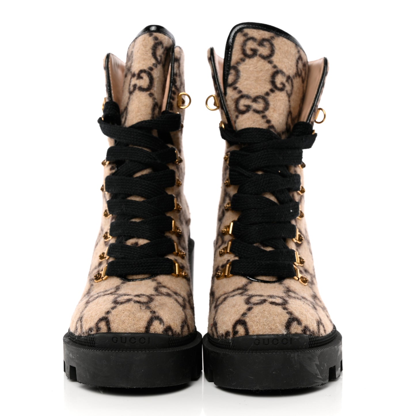 Covered Wool GG Monogram Womens Lace Up Combat Ankle Boots 40 Beige Ebony Black