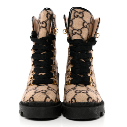 Gucci Covered Wool GG Monogram Womens Lace Up Combat Ankle Boots 40 Beige Ebony Black 2 of 27