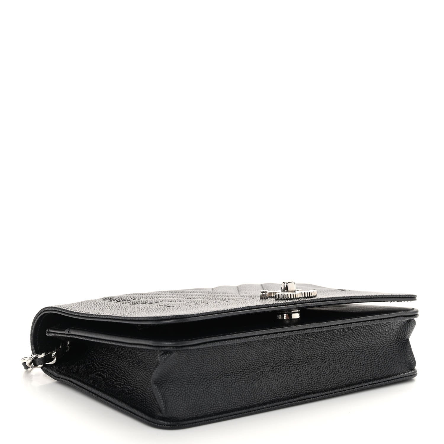 Chanel Metallic Caviar Chevron Quilted Vintage Mademoiselle Wallet On Chain WOC Charcoal 4 of 10