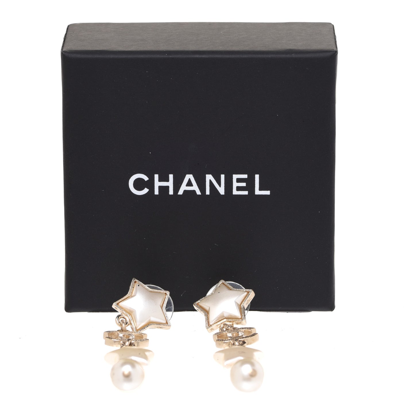 Metal Resin Pearl Star CC Drop Earrings Gold Pearly White