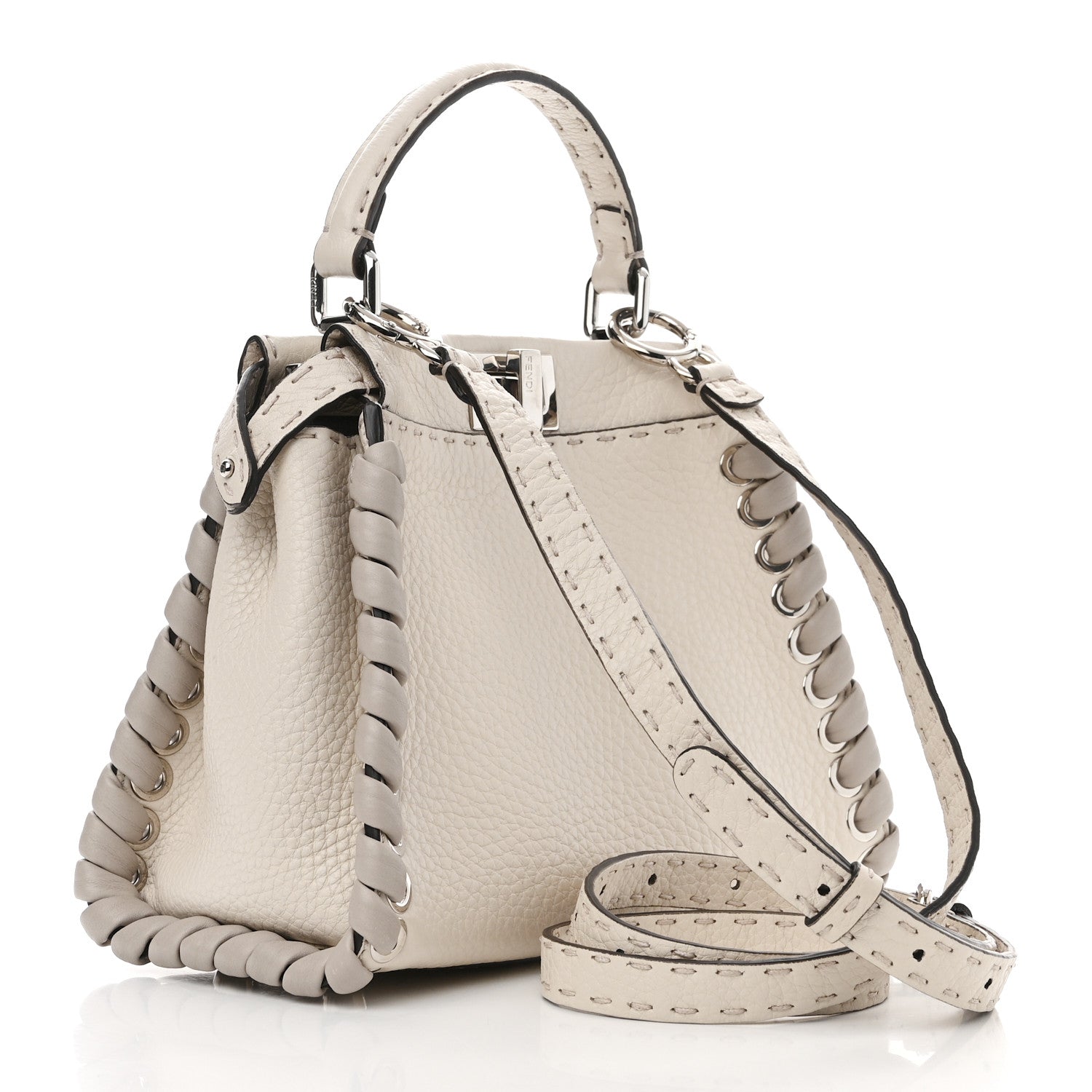 Fendi Cuoio Romano Selleria Vitello Dolce Lace Up Mini Peekaboo Iconic Satchel Camelia Milk Grigio Polvere 3 of 10