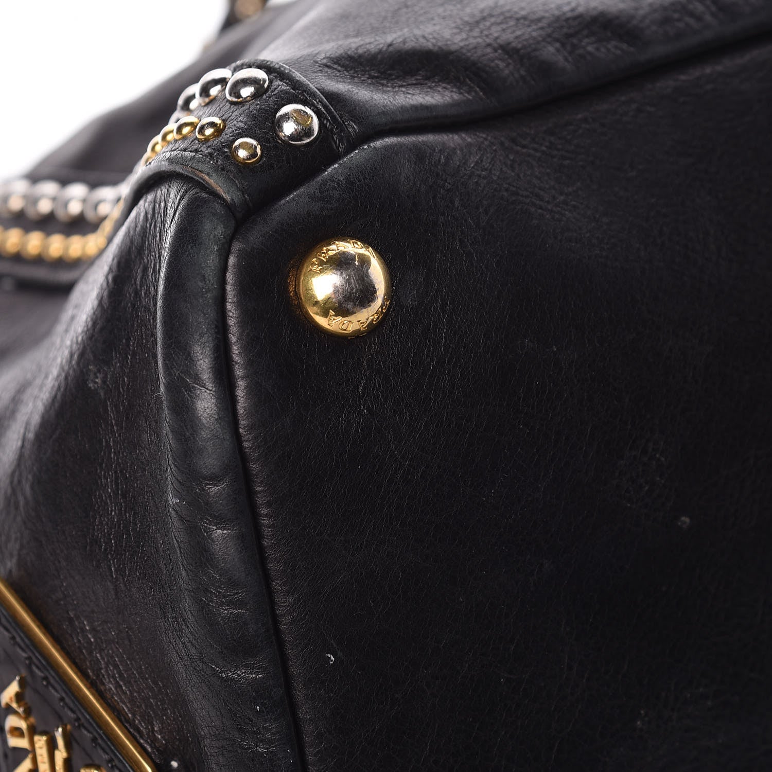 Prada Glace Calfskin Studded Shoulder Bag Black 13 of 14